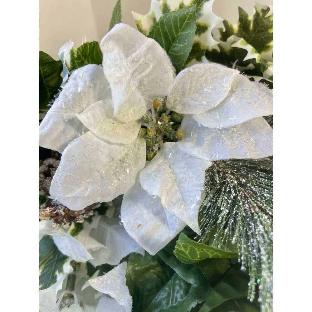 Lot of 3 White Artificial Poinsettias, Snowy pine and Sliver Ornaments